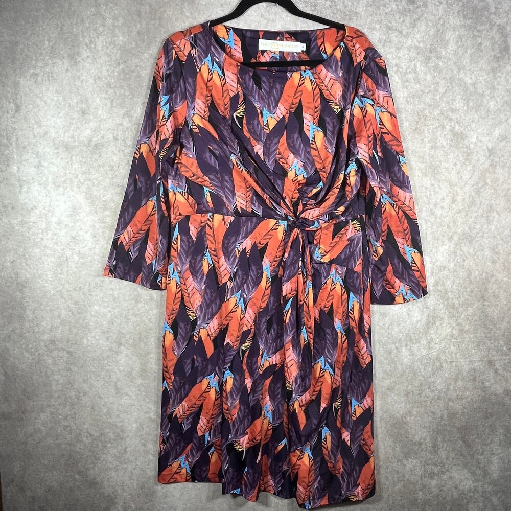 Tracy Negoshian Marilyn‎ Dress Womens XL Purple Feather Print Sheath Career NEW